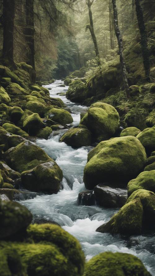 Ein reißender Fluss mit Wildwasserschnellen zwischen moosbedeckten Felsbrocken, versteckt in einem dichten Wald.