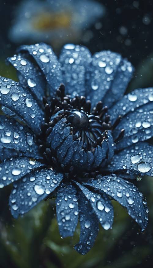 A close-up of a sensational black and blue flower with dewdrops on its petals.