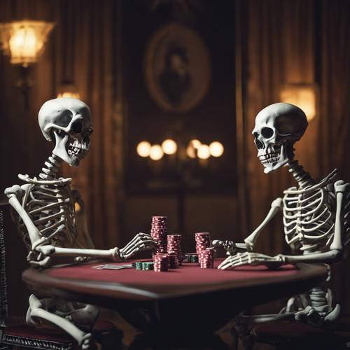 Squelettes jouant au poker avec humour dans une pièce sombre et éclairée par des lanternes