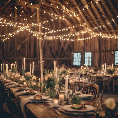 A rustic barn party celebrating a wedding anniversary with elegant table layouts, vintage decorative elements, and guests dancing to country music. Tapeta [2a2ab645171449bfb839]