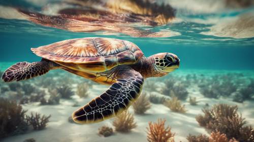 Uma tartaruga marinha pintada em cores vibrantes, flutuando em um mar sonhador e imaginativo.