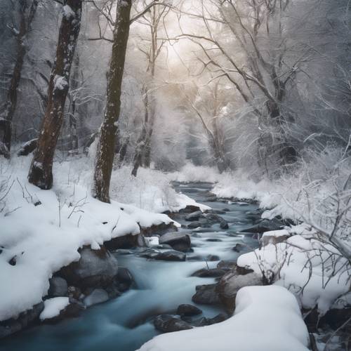 An icy forest stream meandering through a peaceful winter landscape.