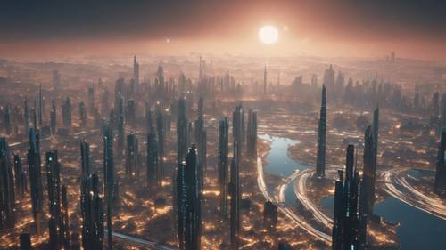 A glistening skyline of a sprawling utopian metropolis on a serene alien planet.
