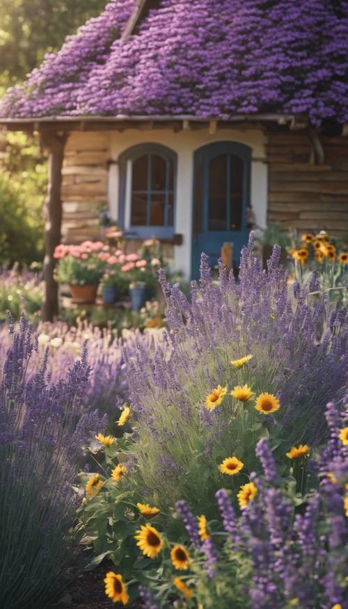 Un pittoresco giardino cottage pieno di lavanda in fiore, margherite e girasoli.