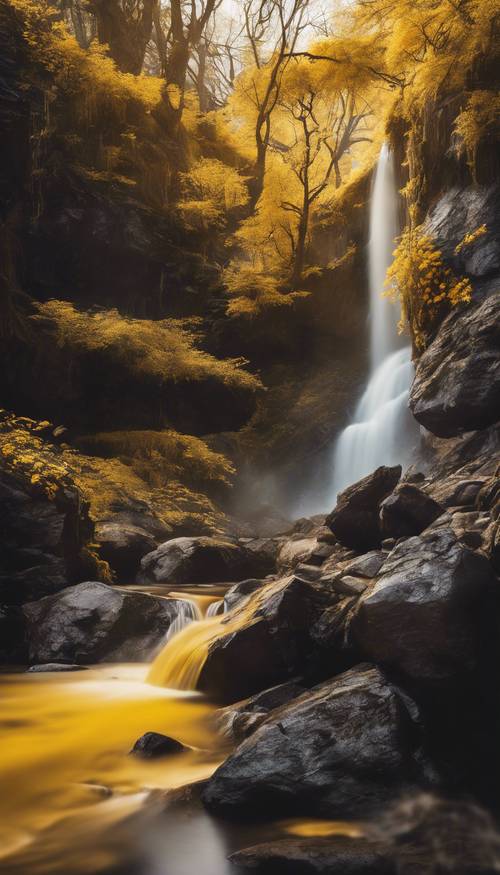 Ein magischer Wasserfall mit leuchtend gelber Aura.