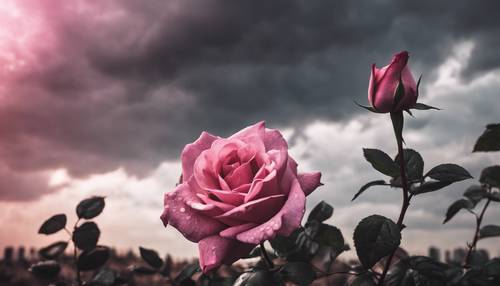 Una rosa rosa con bordes negros contra un cielo apocalíptico surrealista.