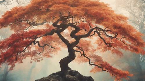 Un dipinto vintage di un albero di acero giapponese durante il picco della stagione autunnale.