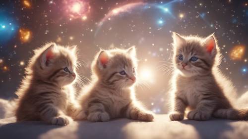 Uma ninhada de gatinhos fofinhos abraçados e brincando em gravidade zero, suas travessuras iluminadas pelo brilho dos corpos celestes próximos.