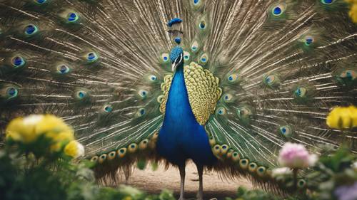 A proud peacock spreading its feathers amidst a sprouting spring garden.