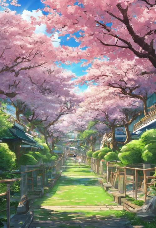 A lush green park in the middle of an anime city during spring with cherry blossoms blooming.