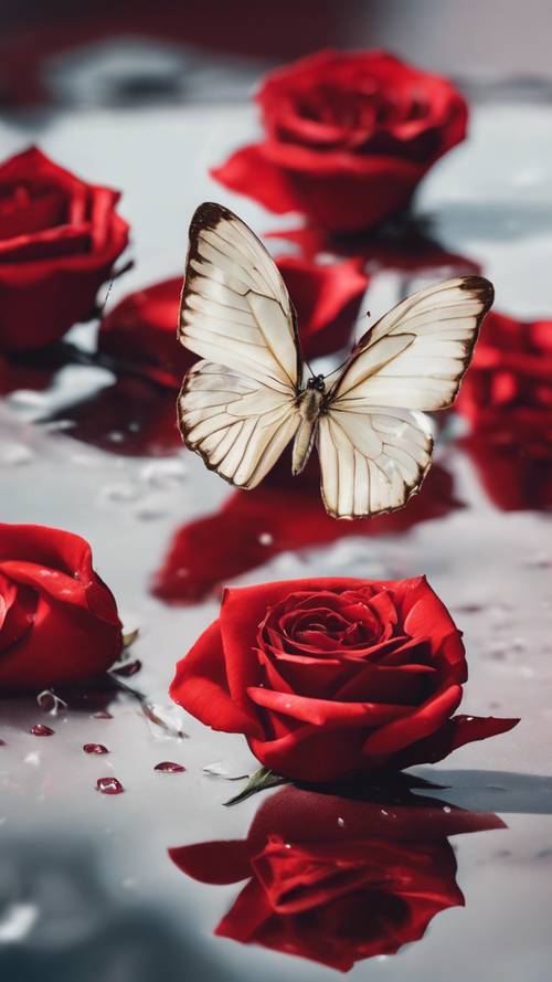 鮮やかな赤いバラの花びらに優美な白い蝶々が舞い降りる壁紙