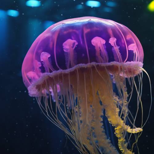 Quallen schwimmen gelassen in einem tiefen Meerwasseraquarium, das mit neongelben Lichtern beleuchtet wird.