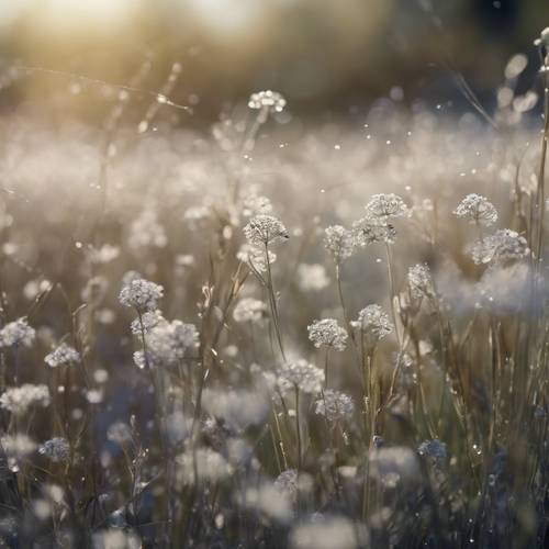 Une scène féerique d’une prairie avec de hautes herbes blanches et de petites fleurs grises.