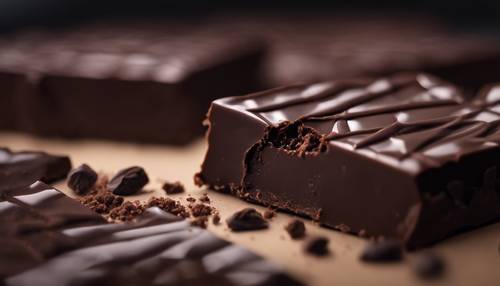 A close-up image of a bitter-sweet dark chocolate piece, revealing its inner texture.
