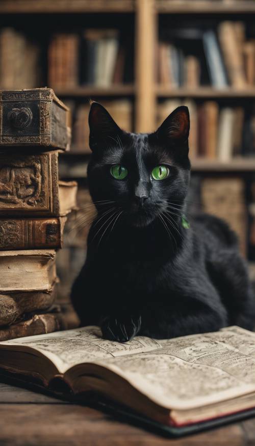 Um gato preto com impressionantes olhos verdes sentado sobre uma seleção de livros de feitiços antigos e empoeirados.