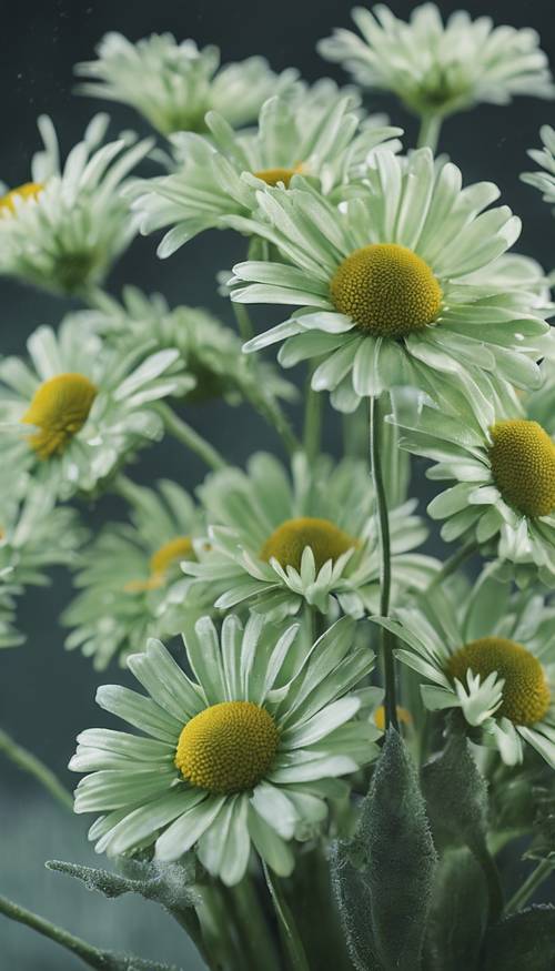 Sebuah lukisan still-life yang indah dari karangan bunga aster hijau bijak.