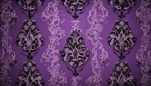 紫と黒で描かれた、ゴシックな雰囲気をもつダマスク柄の壁紙