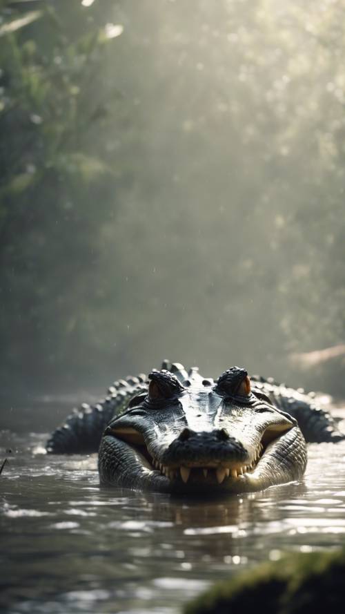 一條鱷魚從岸邊滑落，消失在霧氣瀰漫的河流中。