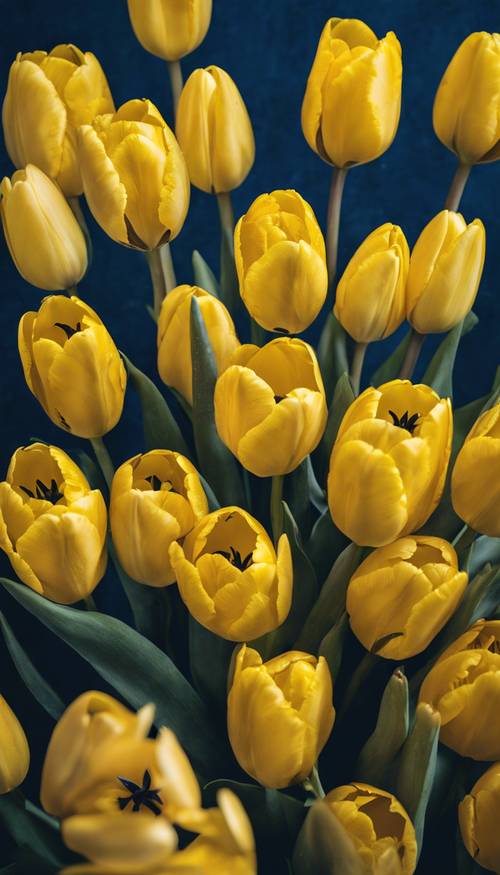 Un mazzo di vivaci tulipani gialli con macchie blu navy