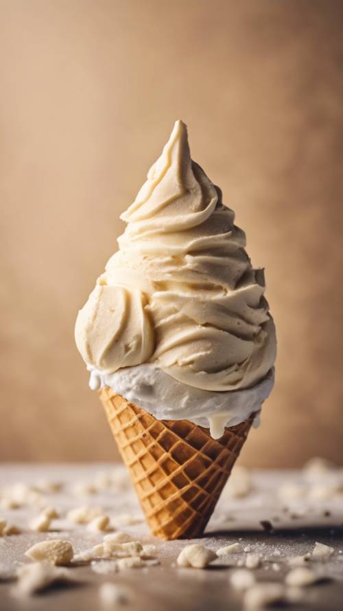Delicioso helado de vainilla en un cono, tomado desde un ángulo superior.