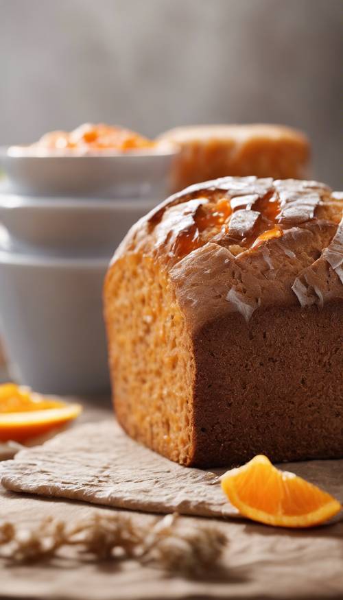 A freshly baked loaf of brown bread with a bright orange marmalade spread. Tapeta [2155a8e6af6b4369baf1]