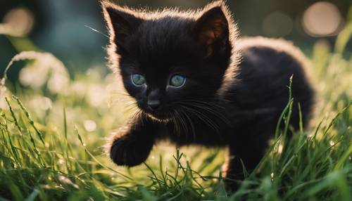 Một chú mèo con màu đen đang nhào lộn trên bãi cỏ tươi tốt, dưới ánh nắng chiều.