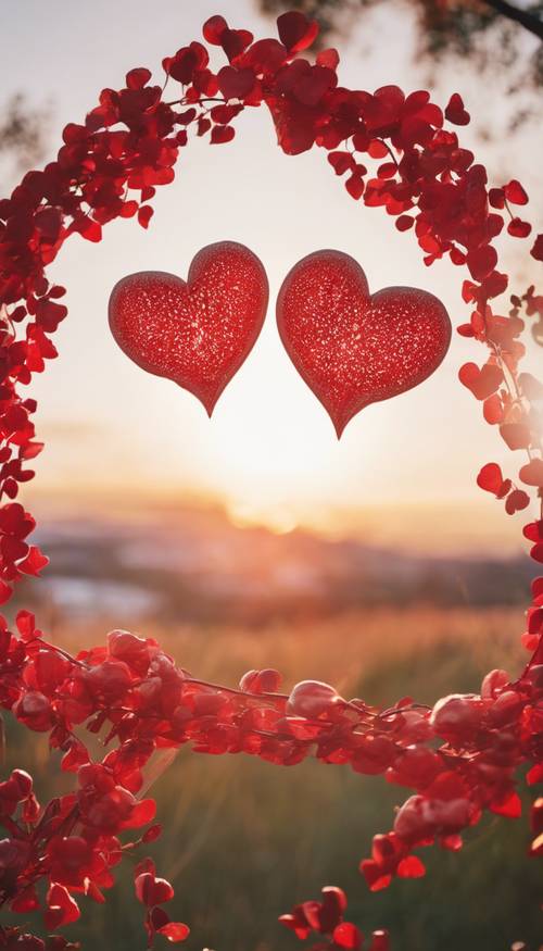 Gün batımı sırasında kırmızı ve beyaz renkte iki kalbin sevgi dolu görüntüsü.