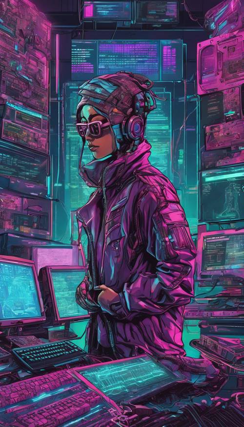 Un hacker de estilo cyberpunk en una habitación repleta de pantallas que muestran código.