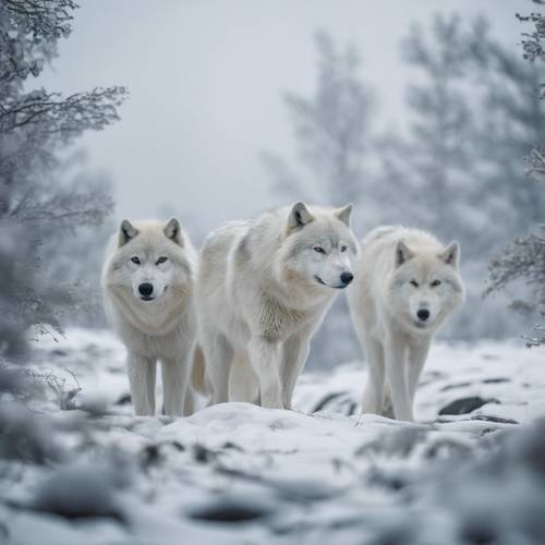 Bir Kuzey Kutbu manzarası, sisli beyaz karda sinsice dolaşan bir grup gümüş beyaz kurt.