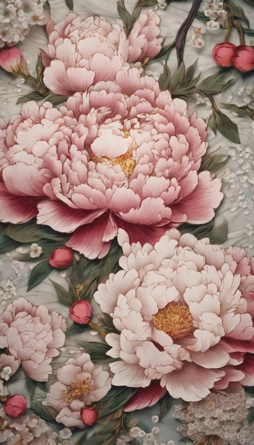 Desain bunga yang rumit dengan bunga peony dan bunga sakura yang ditenun dengan benang sutra pada kimono Jepang.