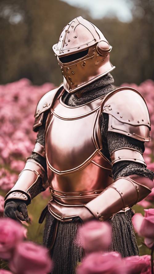 Um soldado brilhando em uma armadura de ouro rosa em meio a um campo de batalha de fantasia medieval.
