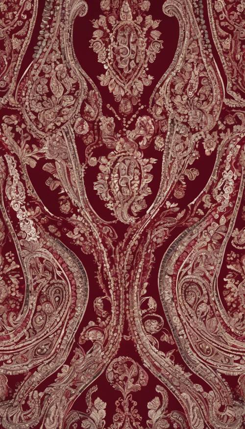 Un patrón paisley adornado en color rojo burdeos oscuro, que recuerda a una alfombra antigua.