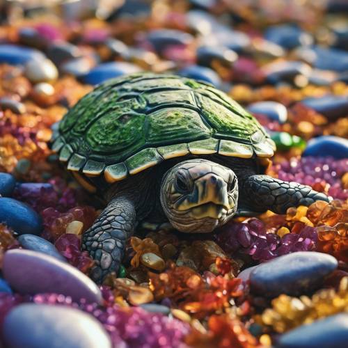 A massive turtle with a moss covered shell resting on a stretch of rainbow hued pebbles.