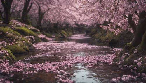 Des fleurs de cerisier sombres tapissent le sol d’un ruisseau serein et bavard.