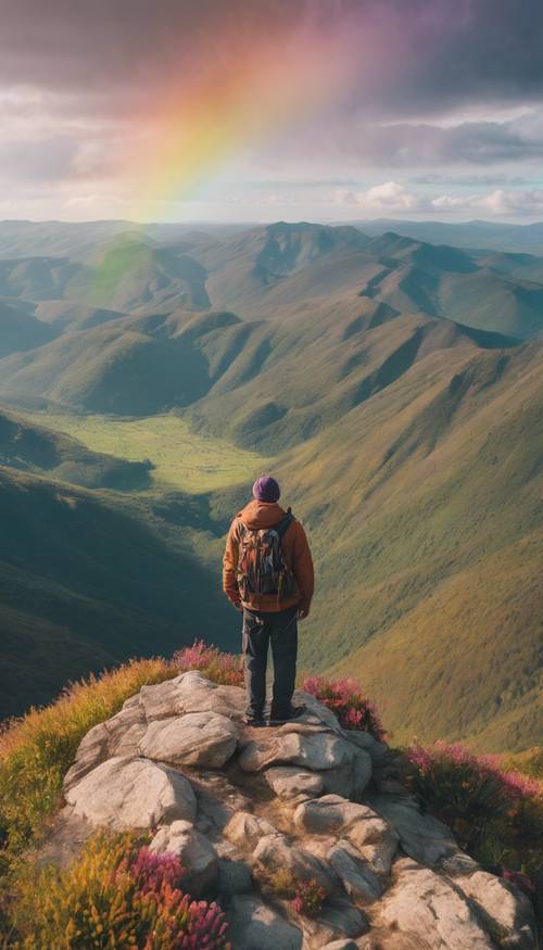 Samotny turysta z zachwytem obserwujący piękno kalejdoskopowej tęczy rozciągającej się po górach.