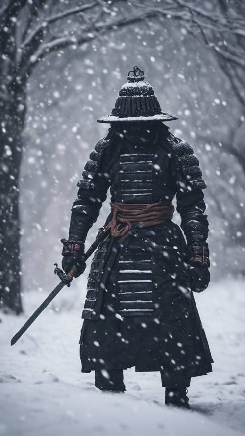 A black samurai spotted in a snowstorm, his figure silhouetted by the falling snow. Tapeta [88721d8d6c394aacb934]