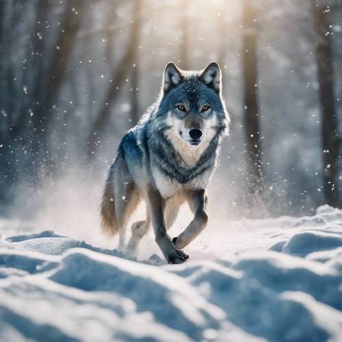 Eine Luftaufnahme eines blauen Wolfes, der durch eine verschneite Landschaft rennt und Pfotenabdrücke hinterlässt.