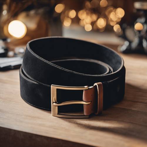 A stylish black suede belt coiled neatly on a dressing table. Tapet [c70c0b7f92514d41be0b]