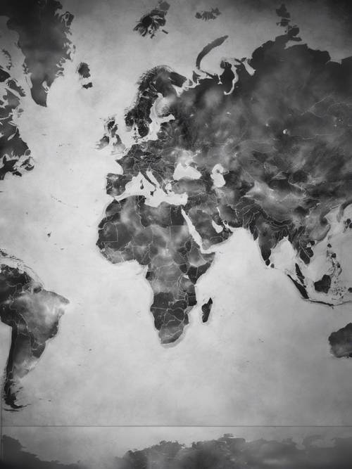 Un mapa mundial en escala de grises visto a través de un vidrio esmerilado con luz proveniente de atrás.