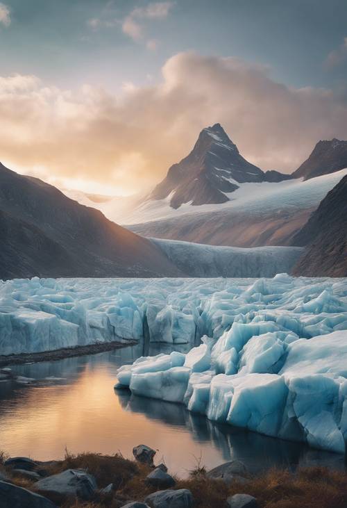 A glacier lit by the soft, warm light of dawn