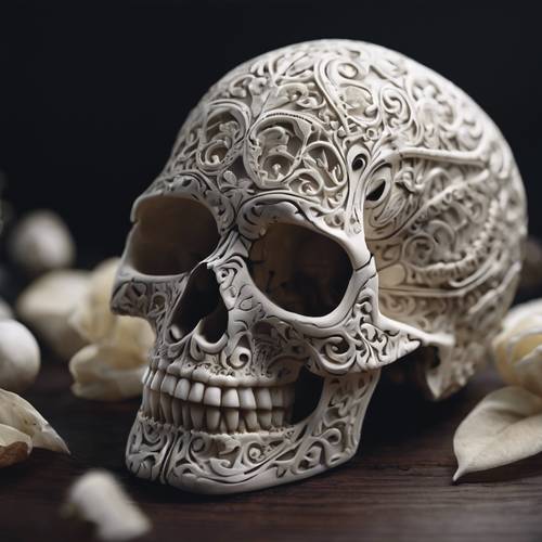 Crâne blanc richement sculpté sur fond d&#39;obscurité.