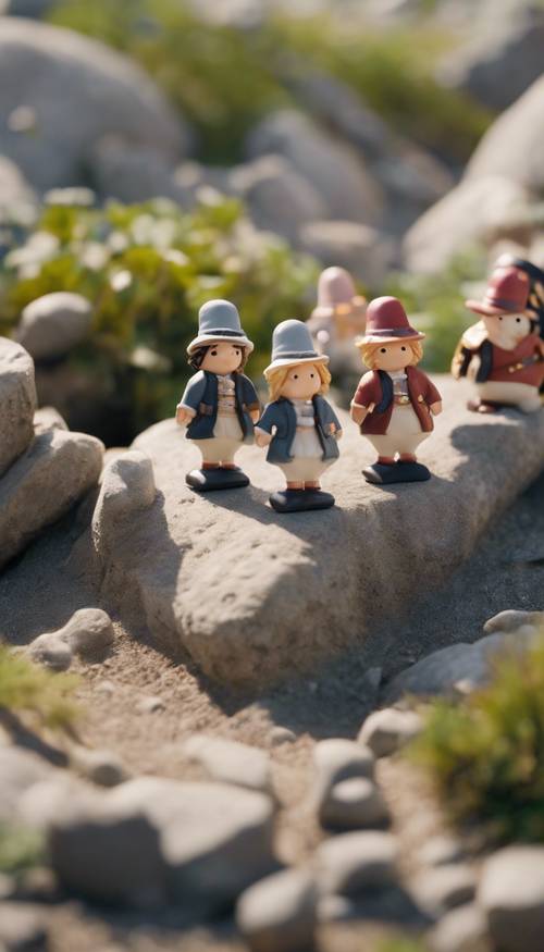 A group of kawaii tiny pilgrims landing on a cute, miniaturized version of Plymouth Rock Tapeet [cdf3c24754034e8ea286]