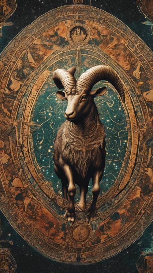 A lush tapestry depicting a powerful Capricorn, with ancient symbols highlighting its zodiacal themes.
