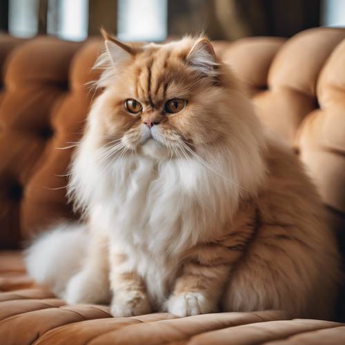 A fluffy orange and white Persian cat sitting on a luxury velvet sofa.