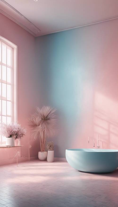 A modern interior design scene featuring pastel pink to blue ombre walls.