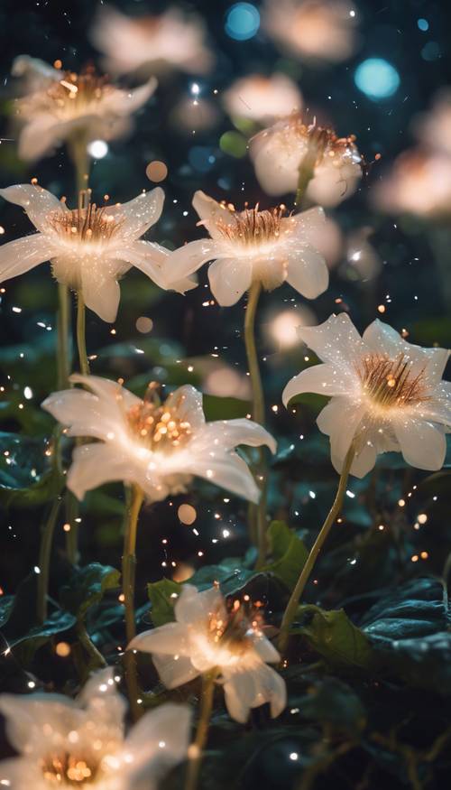 A surreal night garden filled with lustrously glowing moonflowers and sparkling fireflies.