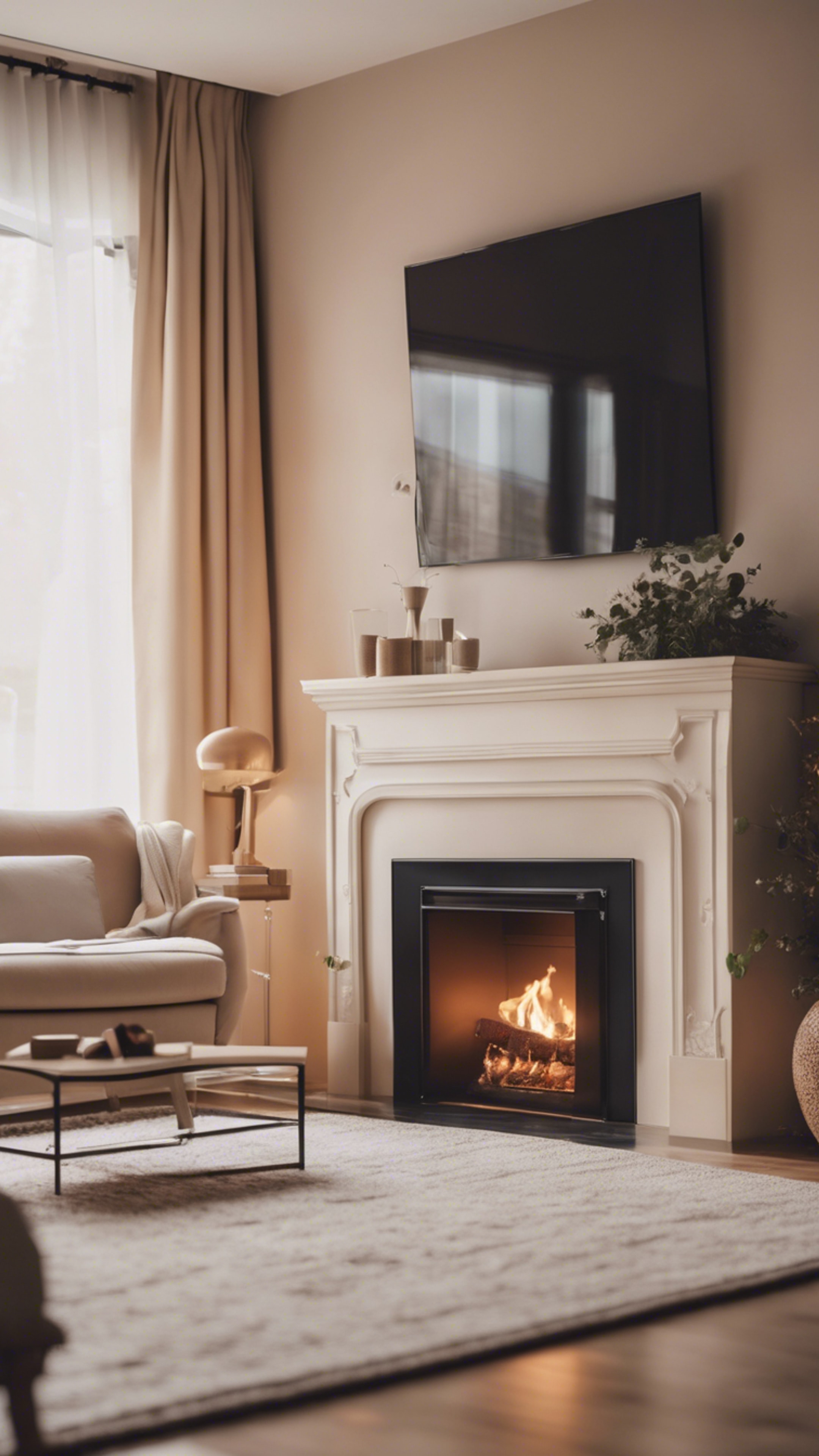 A cozy and tranquil cool beige living room with a fireplace alive with dancing flames. 벽지[fdd7e3460c134e479b57]