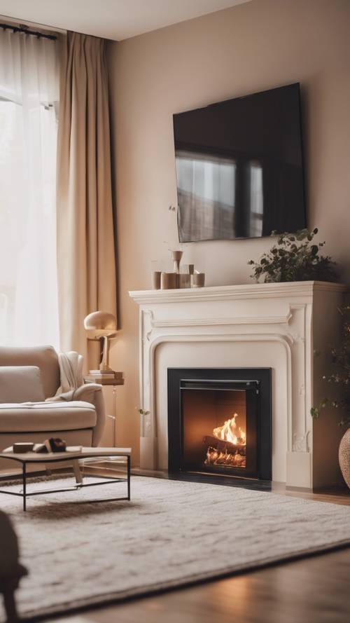 Una acogedora y tranquila sala de estar de color beige fresco con una chimenea llena de llamas danzantes.