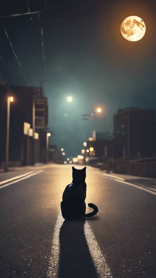 Um gato preto atravessando a estrada sob o brilho da lua cheia na noite de Halloween.