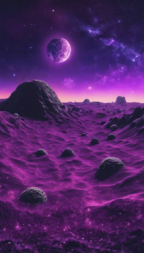 A surreal landscape bathed in purple and black, depicting an alien planet under a sky full of strange stars.